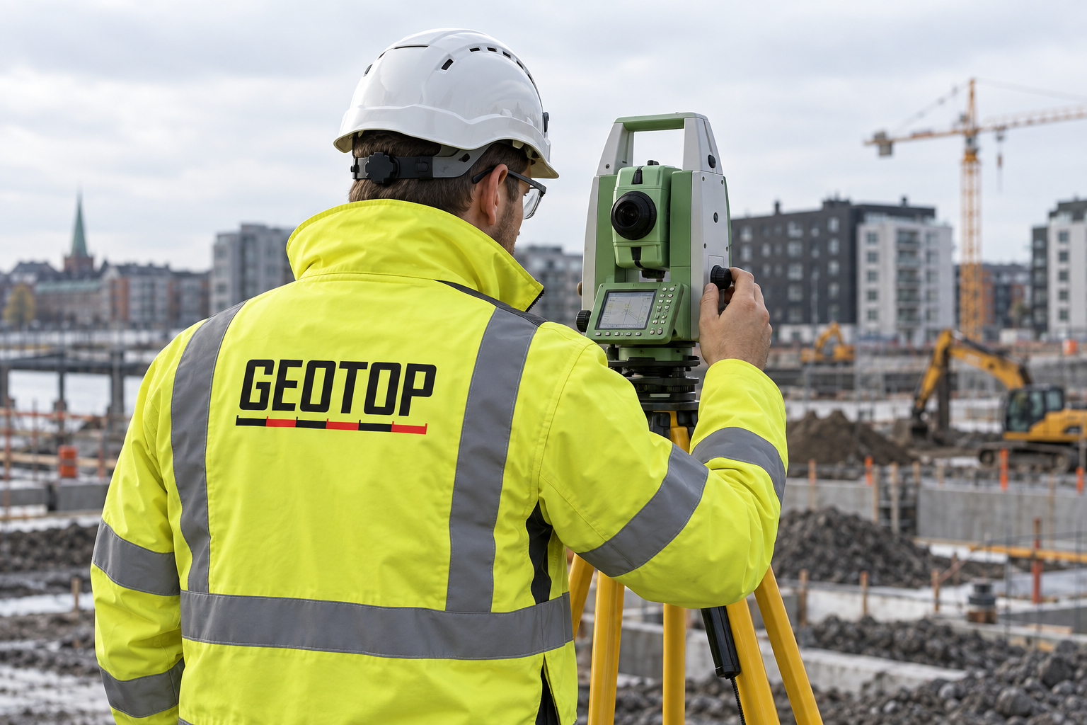 GeoTop mätningstekniker utför inmätning på byggarbetsplats