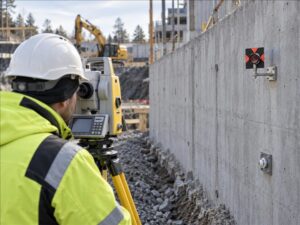 Totalstation mäter kontrollpunkt på betongvägg