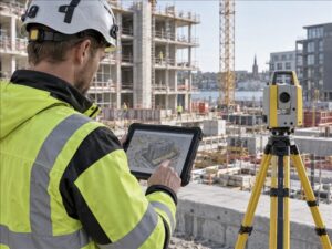 Mättekniker granskar digital byggmodell vid totalstation